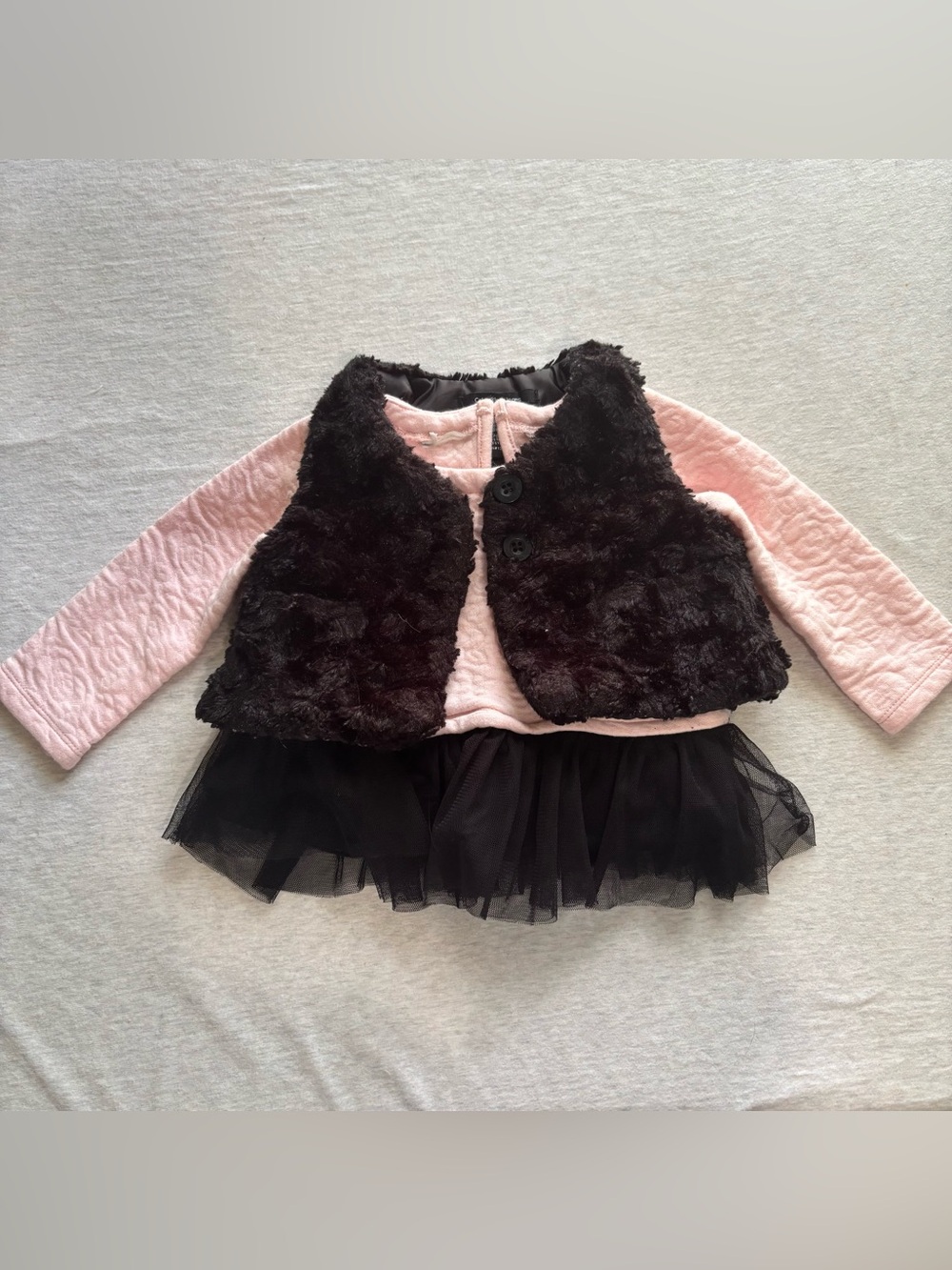 Calvin Klein Baby Girl Pink Quilted Tutu Peplum Top & Faux Fur Vest 12M